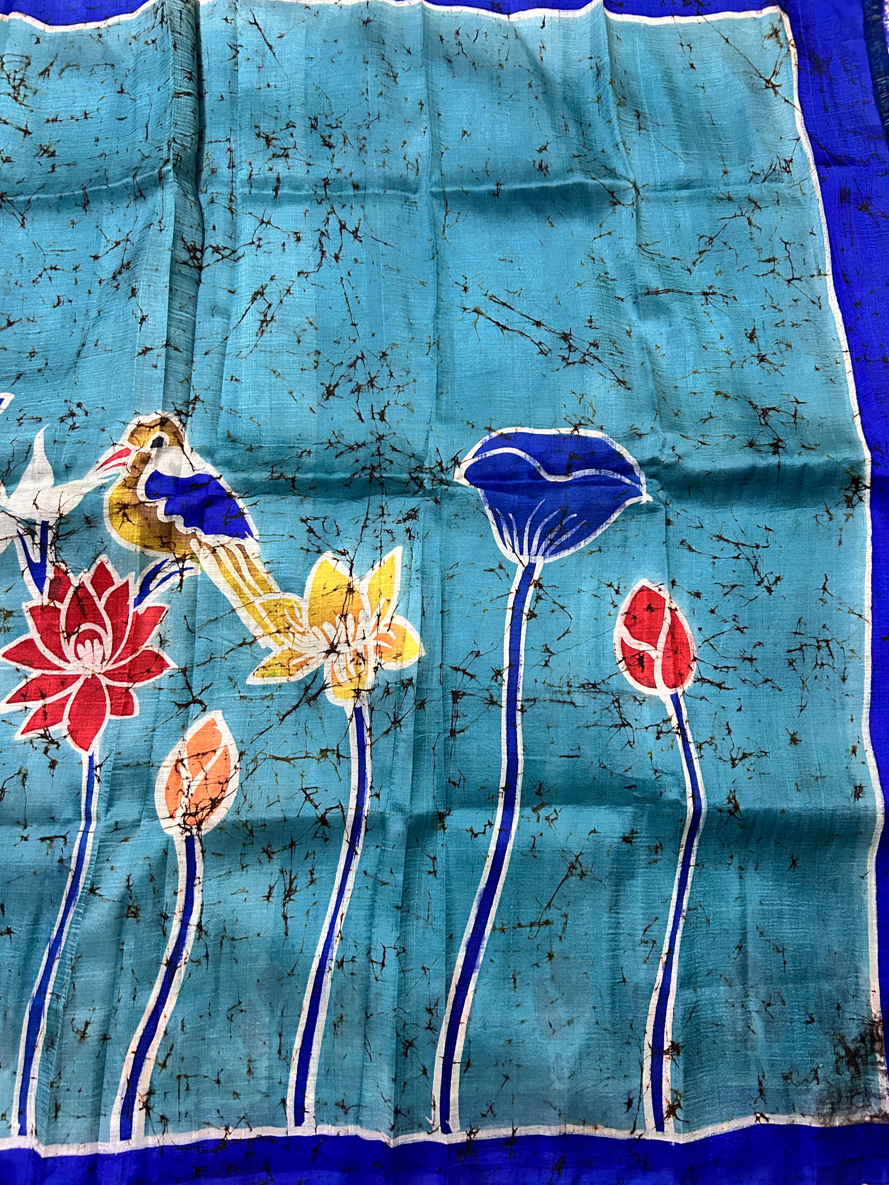 Teal Blue Bishapuri Silk Saree in Hand Wax Batik