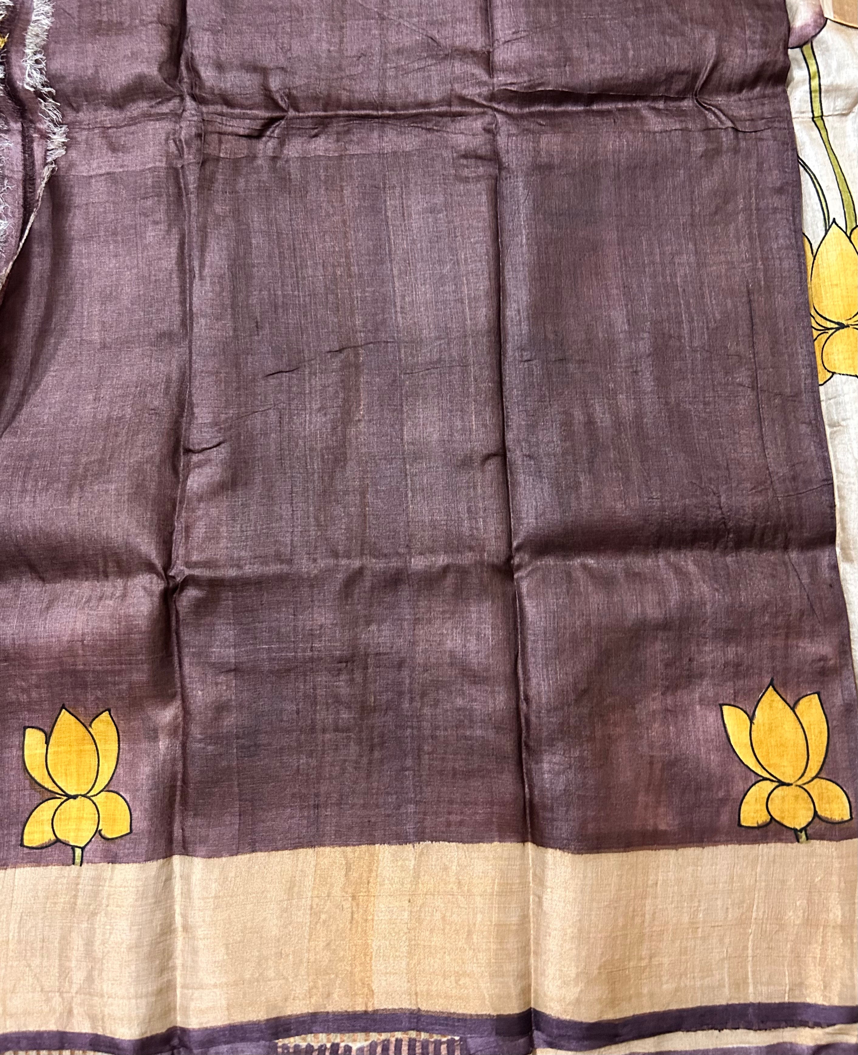 Beige Pure Tussar silk saree in Handpainted Pichwai Design