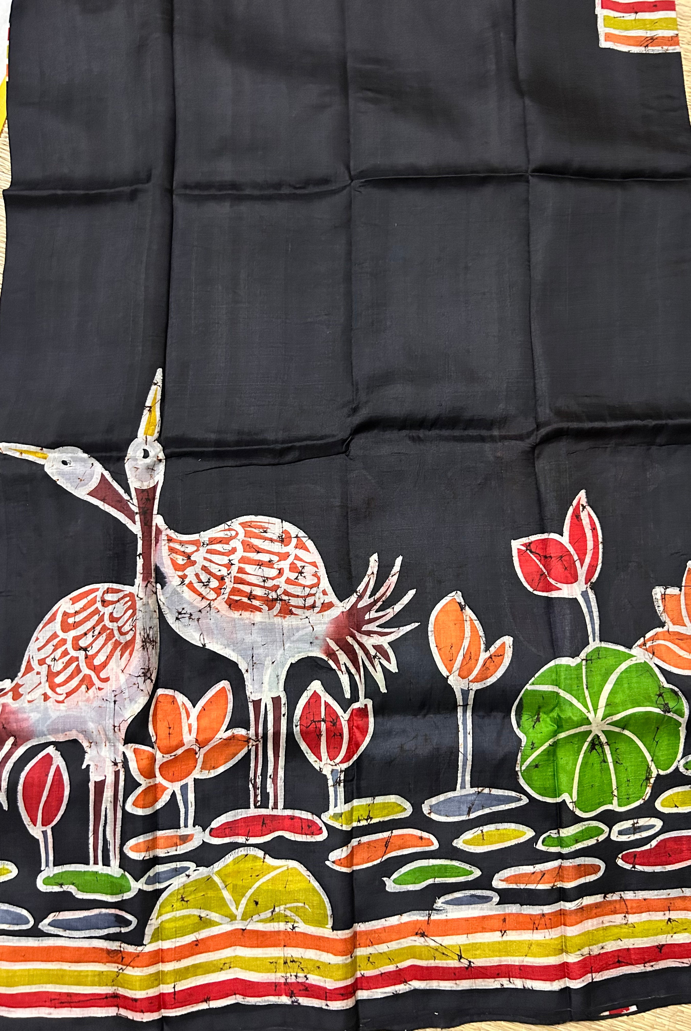 Black Bishapuri Silk Saree in Hand Wax Batik