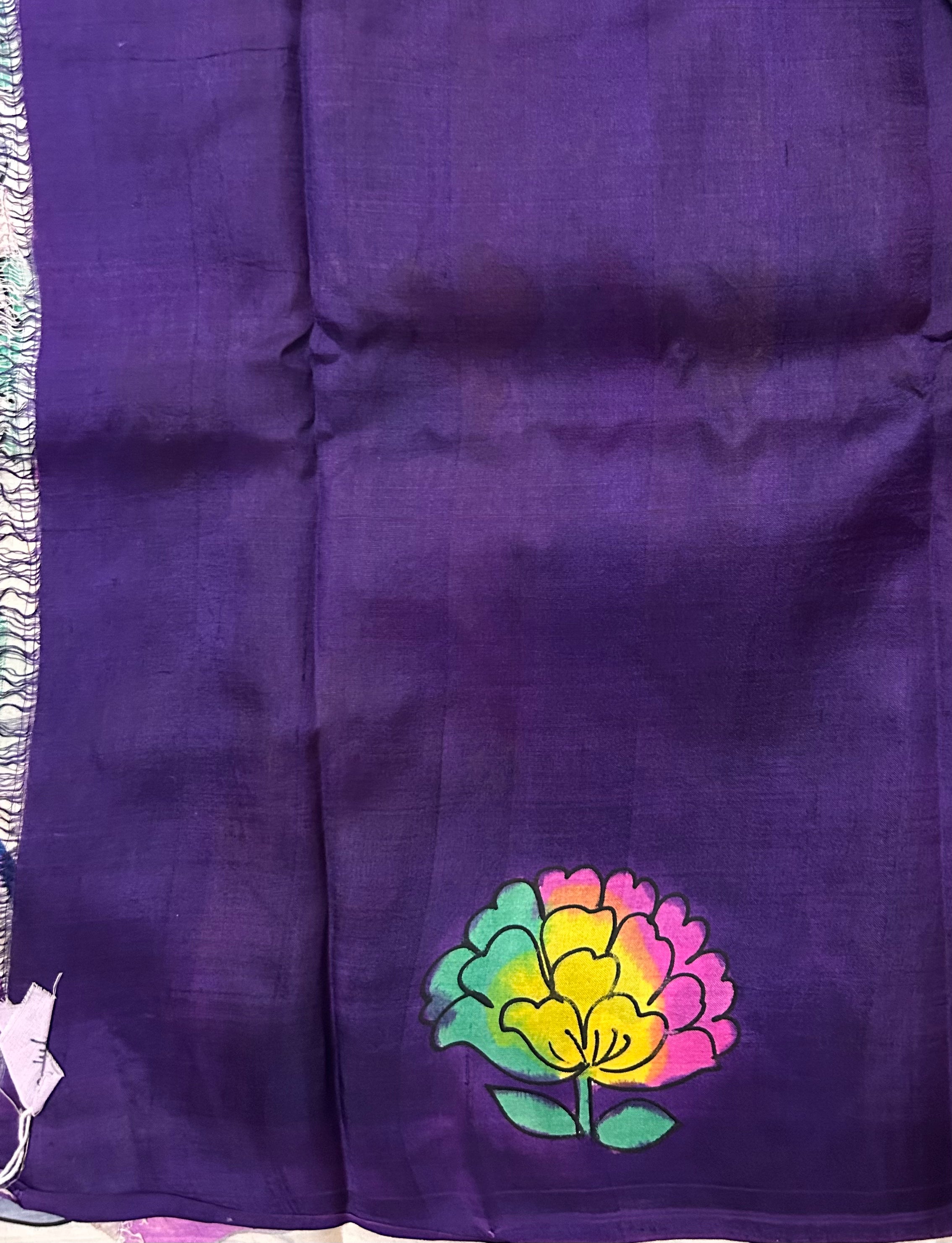 Beige Bishapuri Silk Saree in Handpainted Kalamkari Design