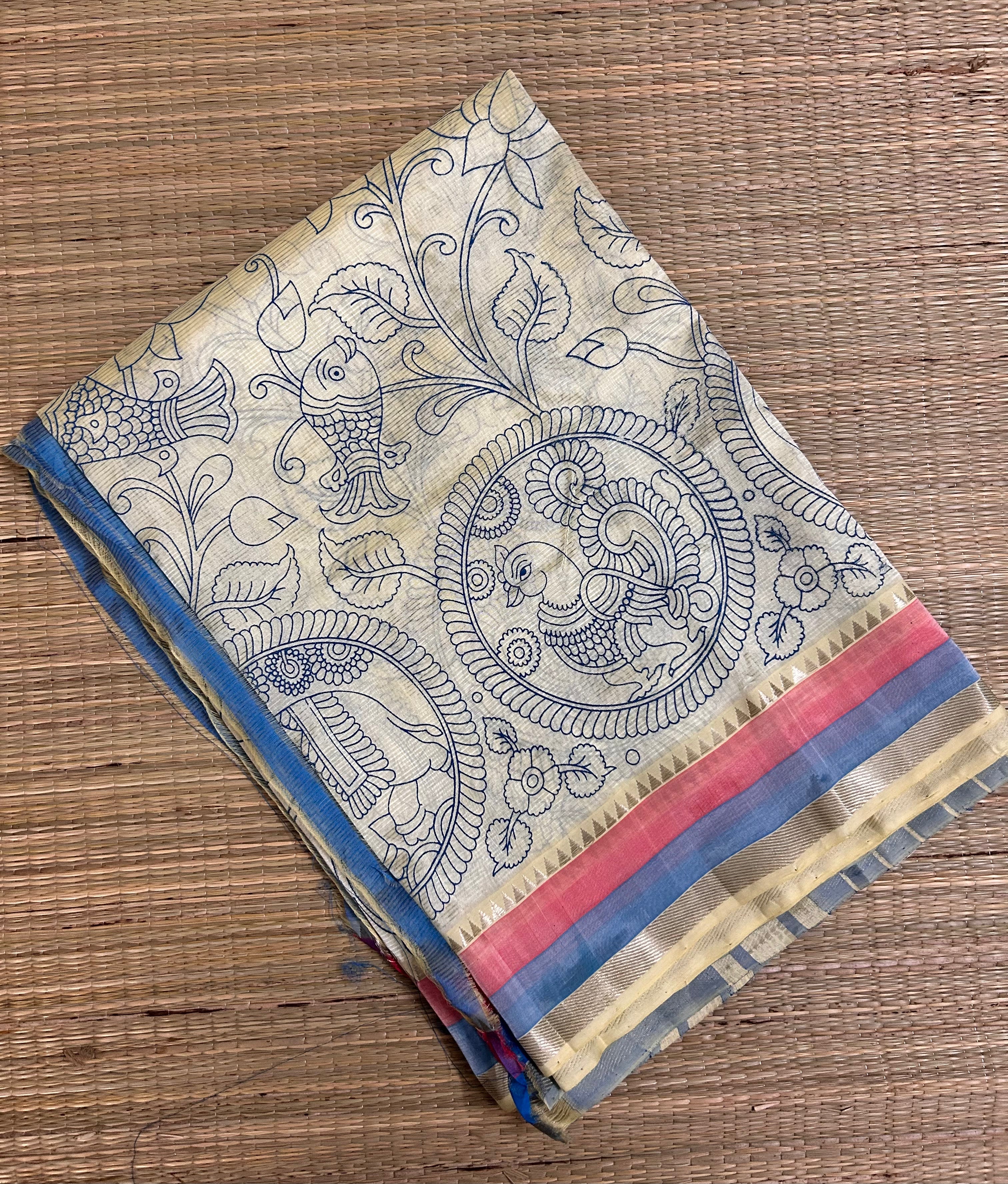 Lime Green Screen Printed Mangalagiri Saree