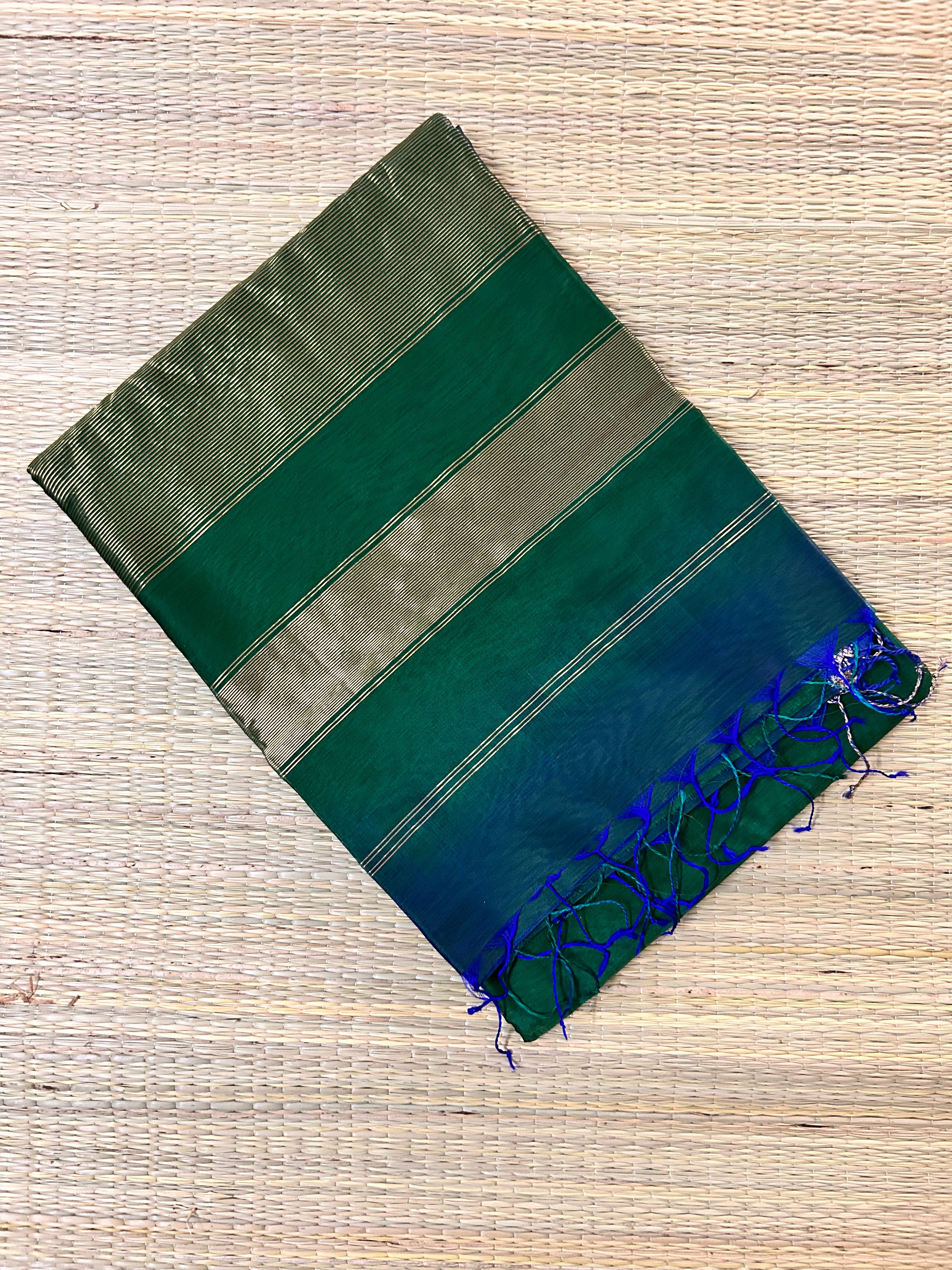 Leaf Green & Blue Maheswari Silk Cotton Handloom Saree