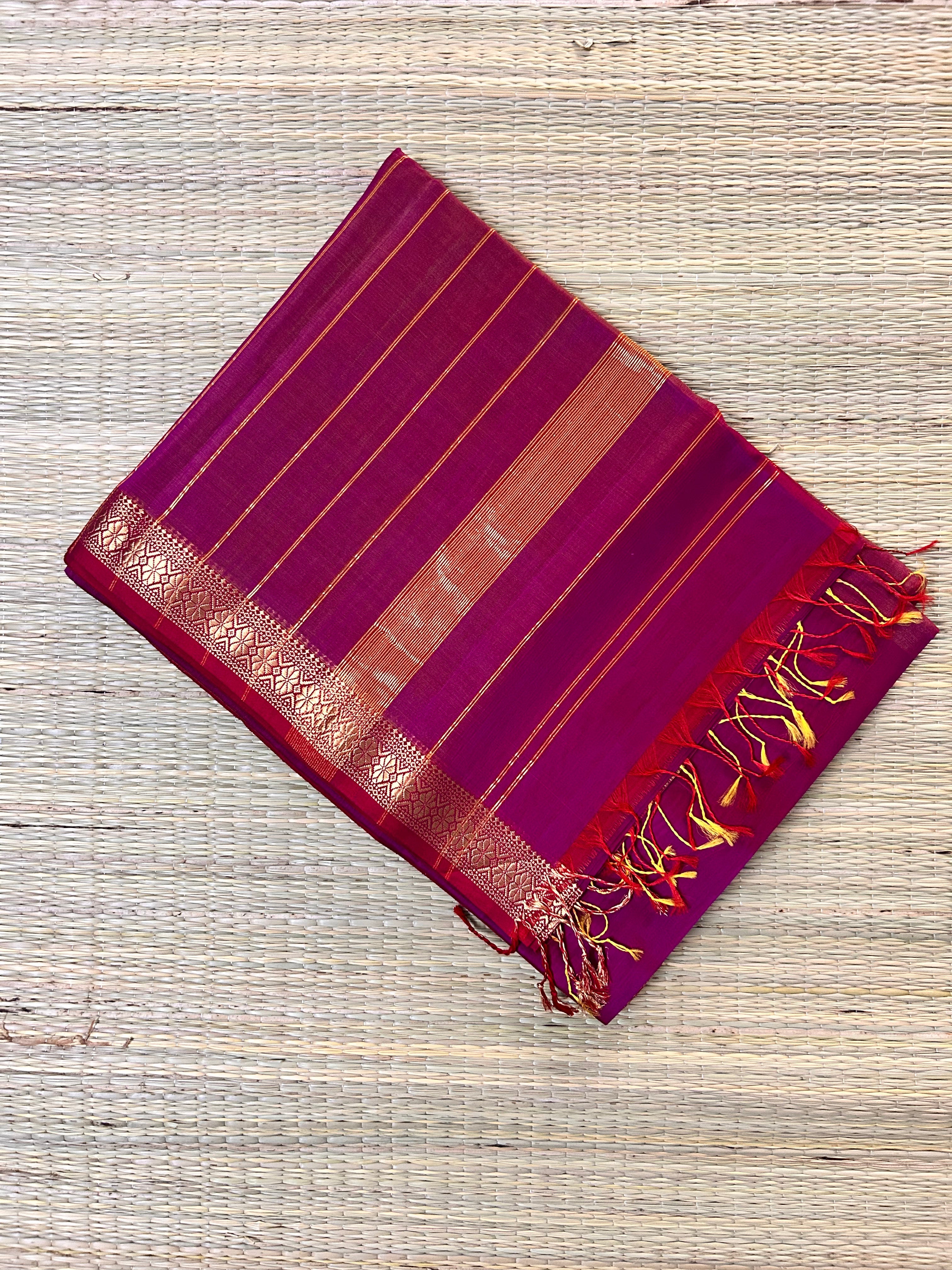 Pinkish Magenta & Yellow Maheswari Silk Cotton Handloom Saree