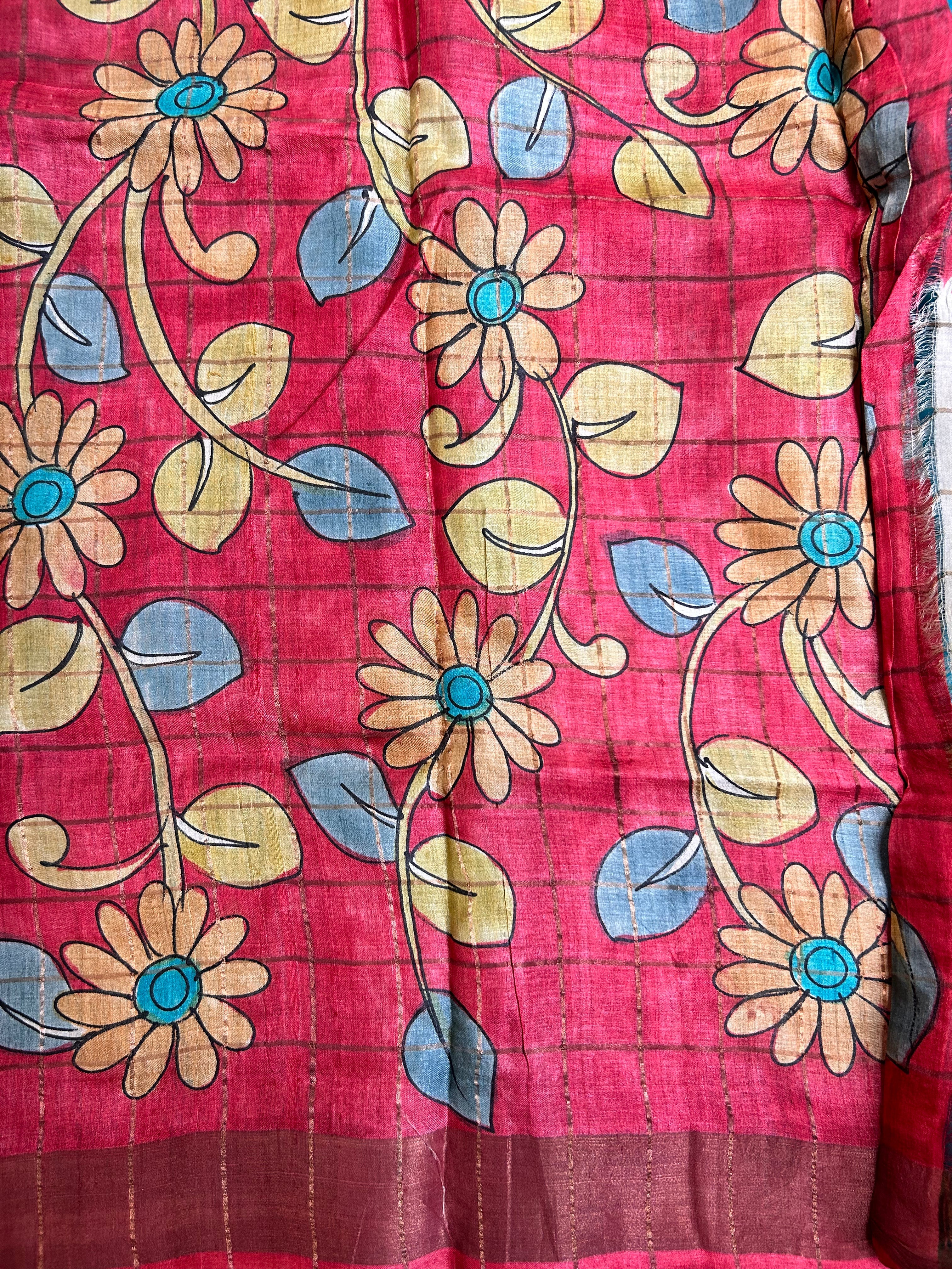 Sea Green Pure Tussar silk saree in Zari cheks