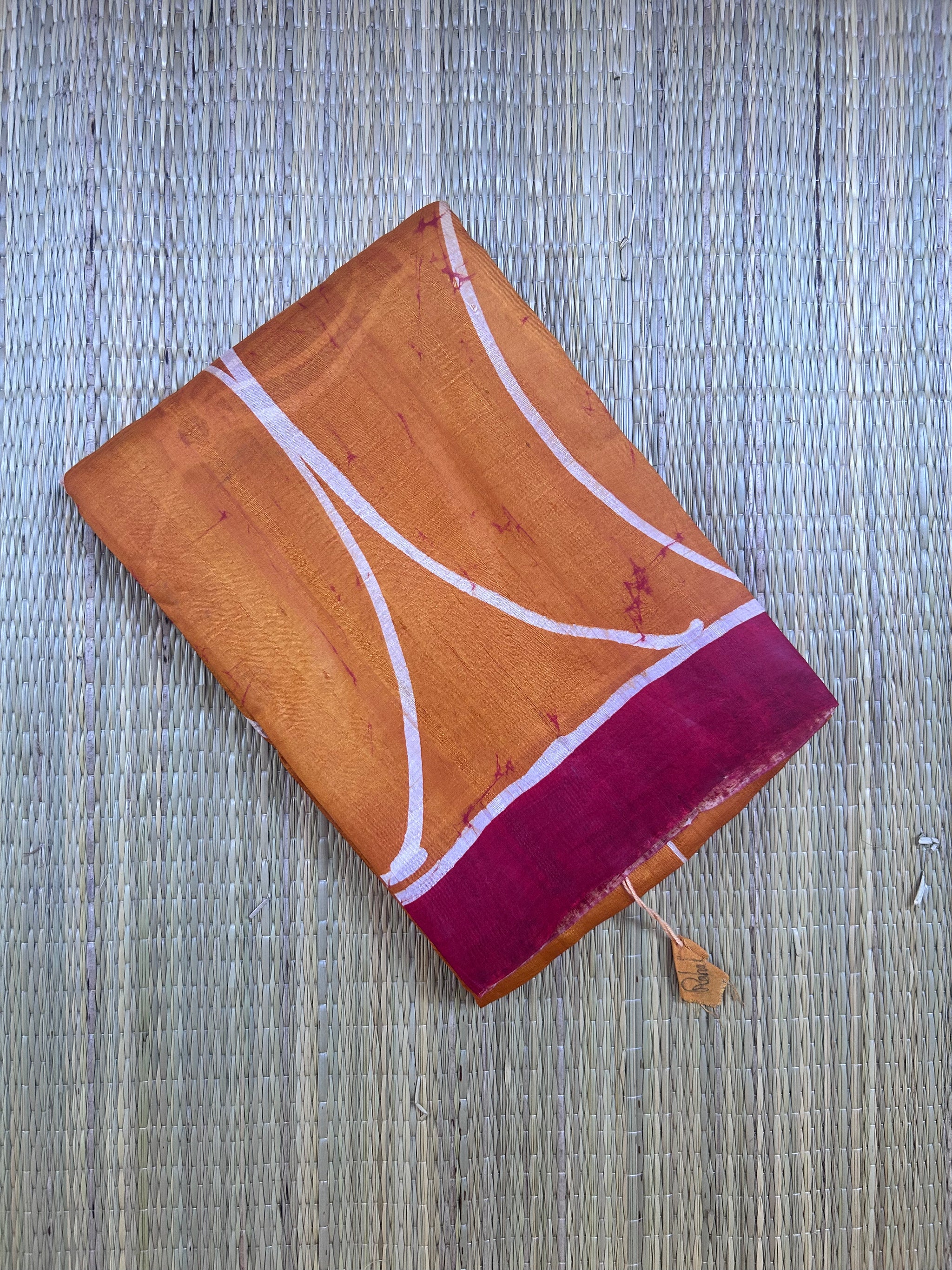 Mustard Yellow & Red Bishnupuri Silk Saree (Hand Wax Batik )