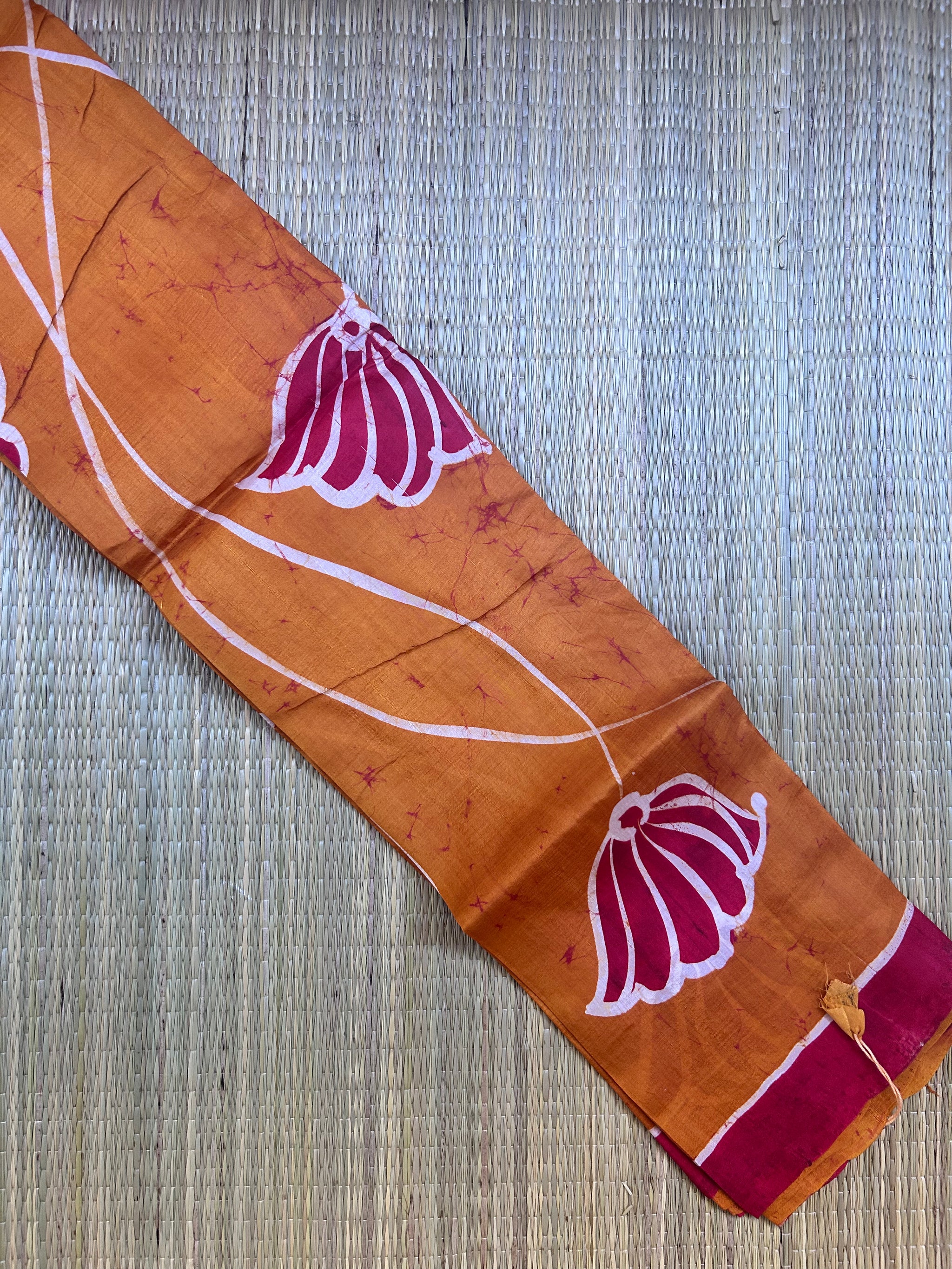 Mustard Yellow & Red Bishnupuri Silk Saree (Hand Wax Batik )