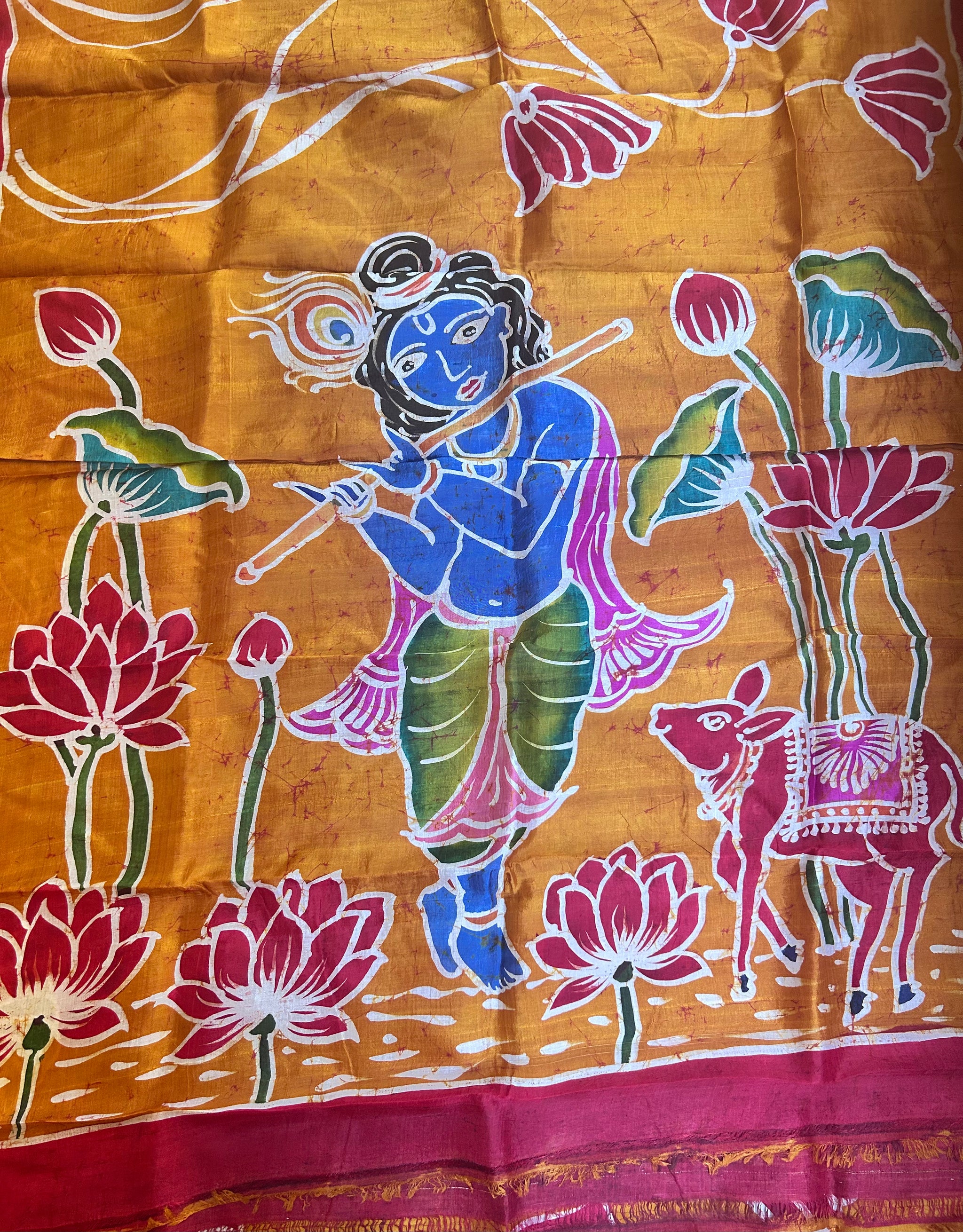 Mustard Yellow & Red Bishnupuri Silk Saree (Hand Wax Batik )