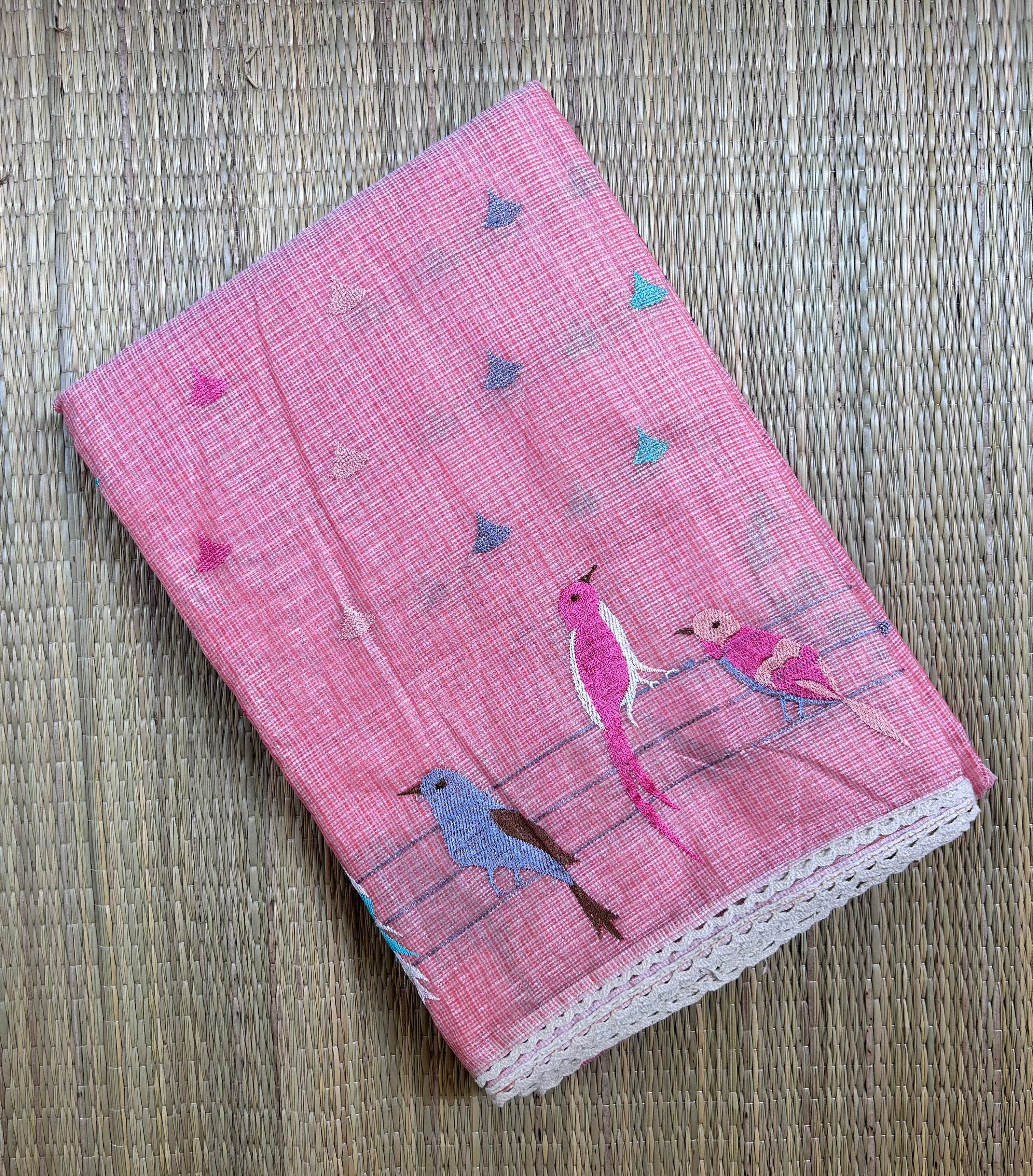 Peach Kota Silk mix Saree ( machine embroidery )
