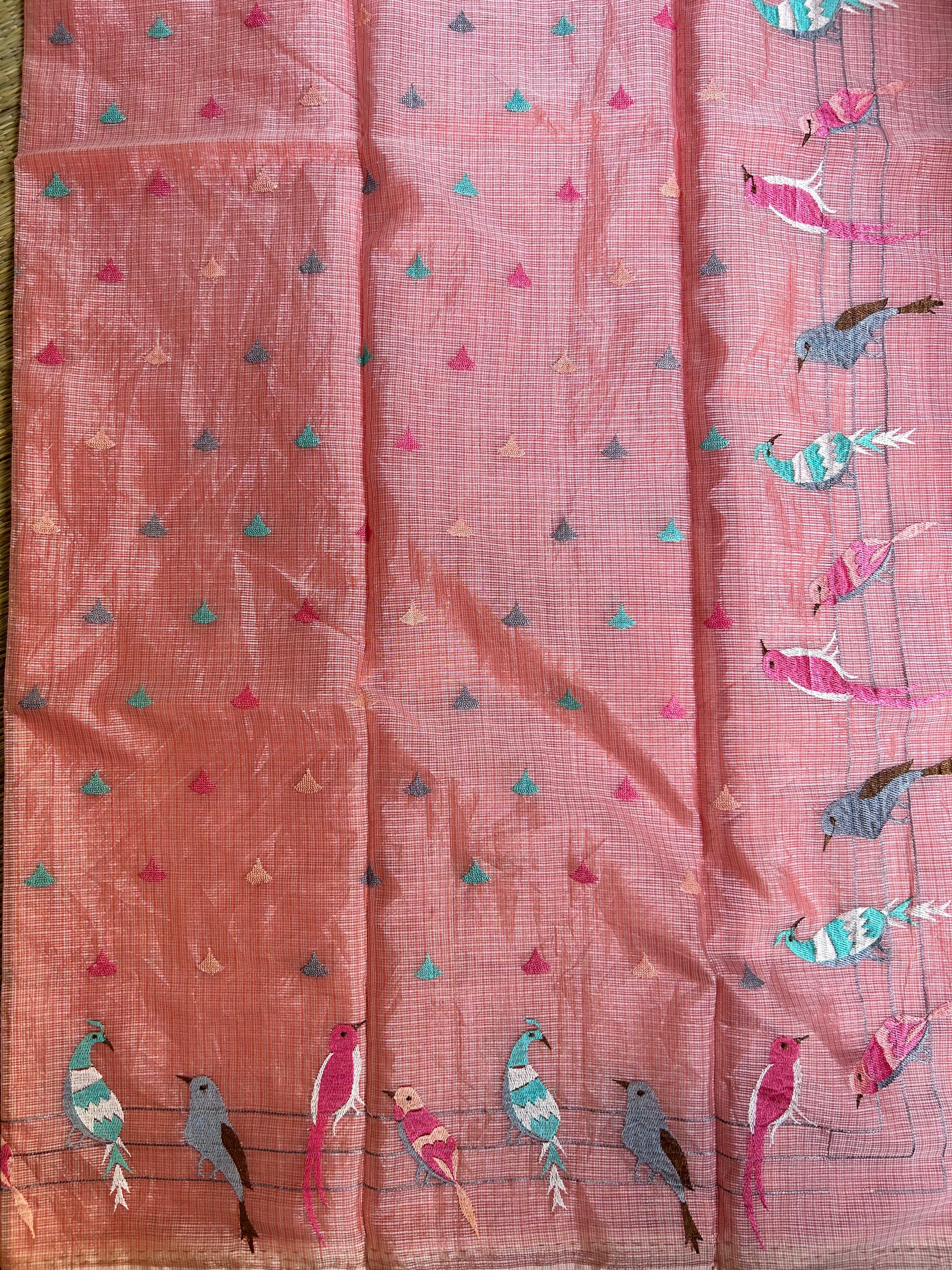Peach Kota Silk mix Saree ( machine embroidery )