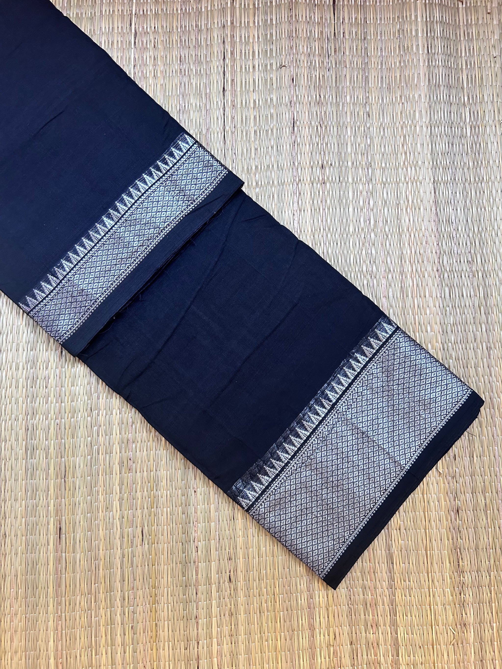 Black Narayanpet Cotton Saree with Silver Zari Border