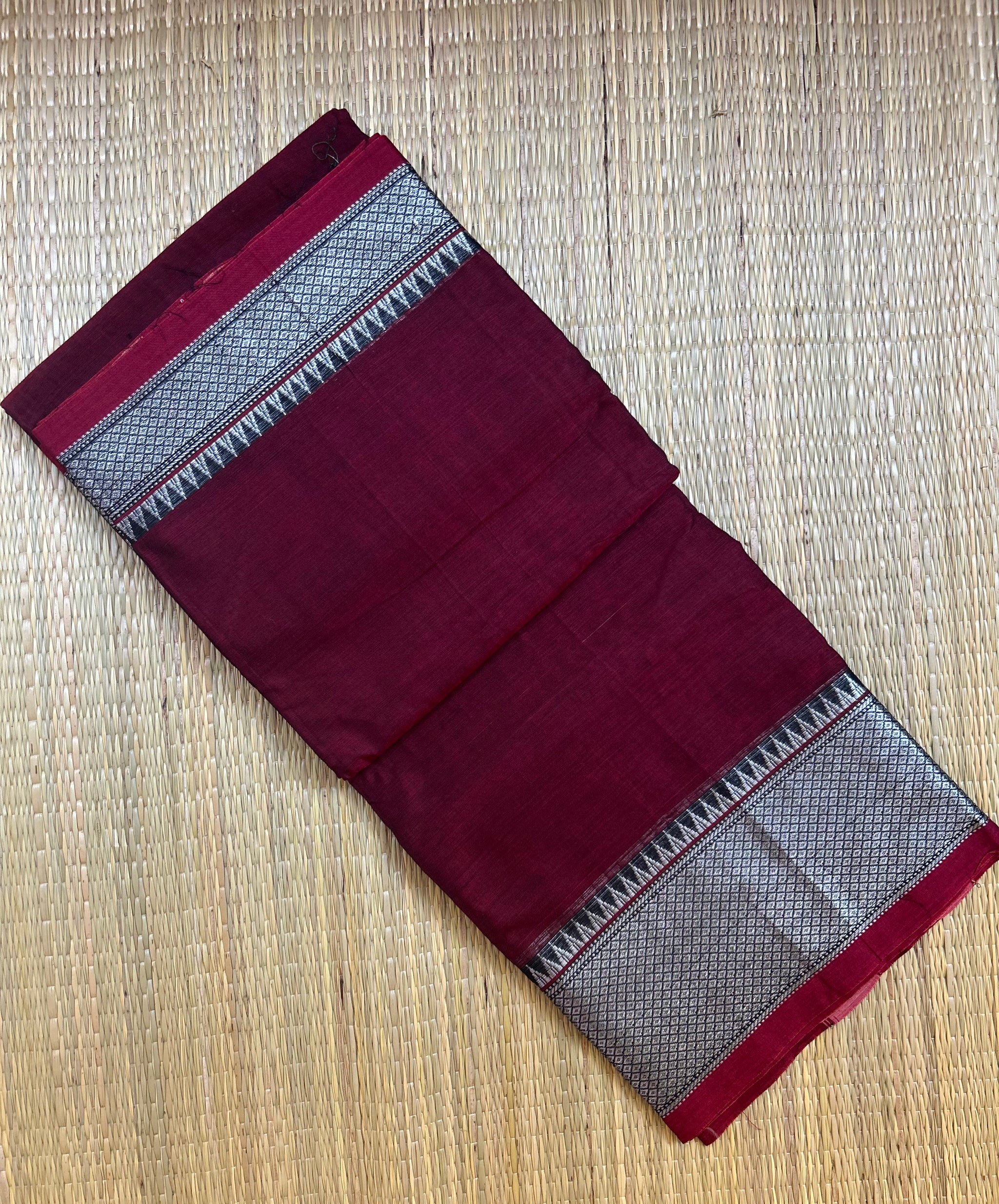 Maroon Narayanpet Cotton Saree with Silver Zari Border