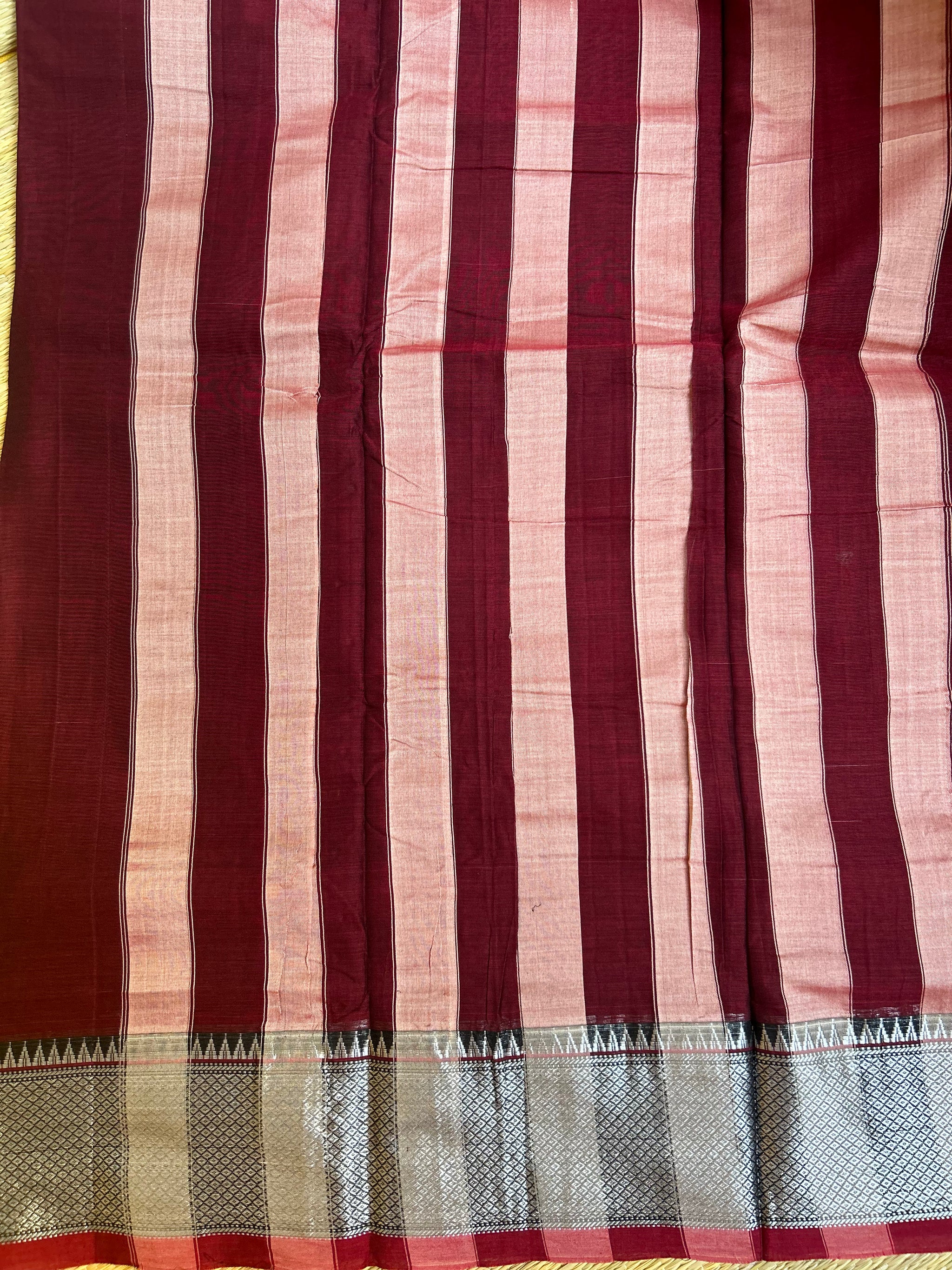 Maroon Narayanpet Cotton Saree with Silver Zari Border