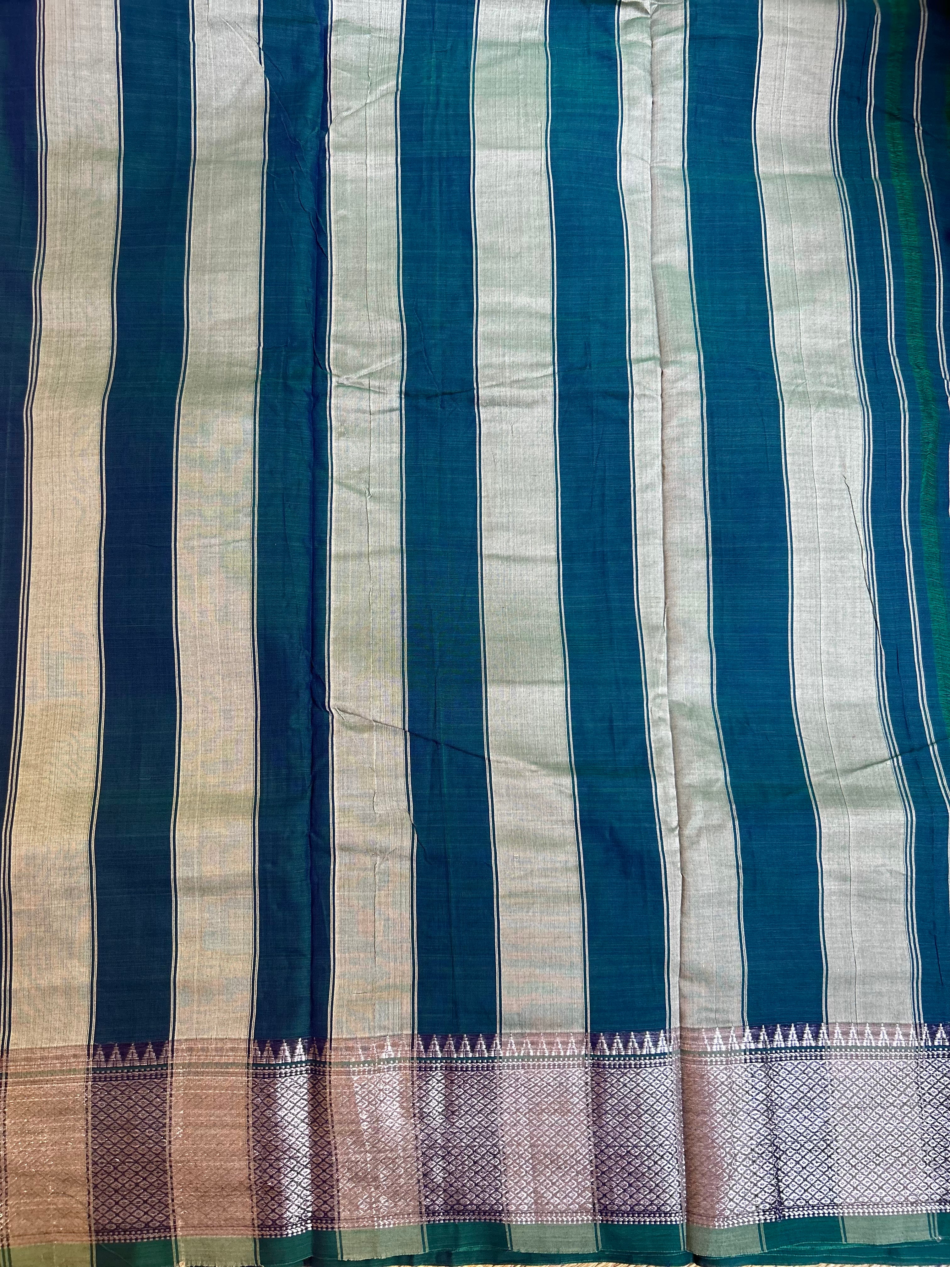 Peacock Green Narayanpet Cotton Saree with Silver Zari Border