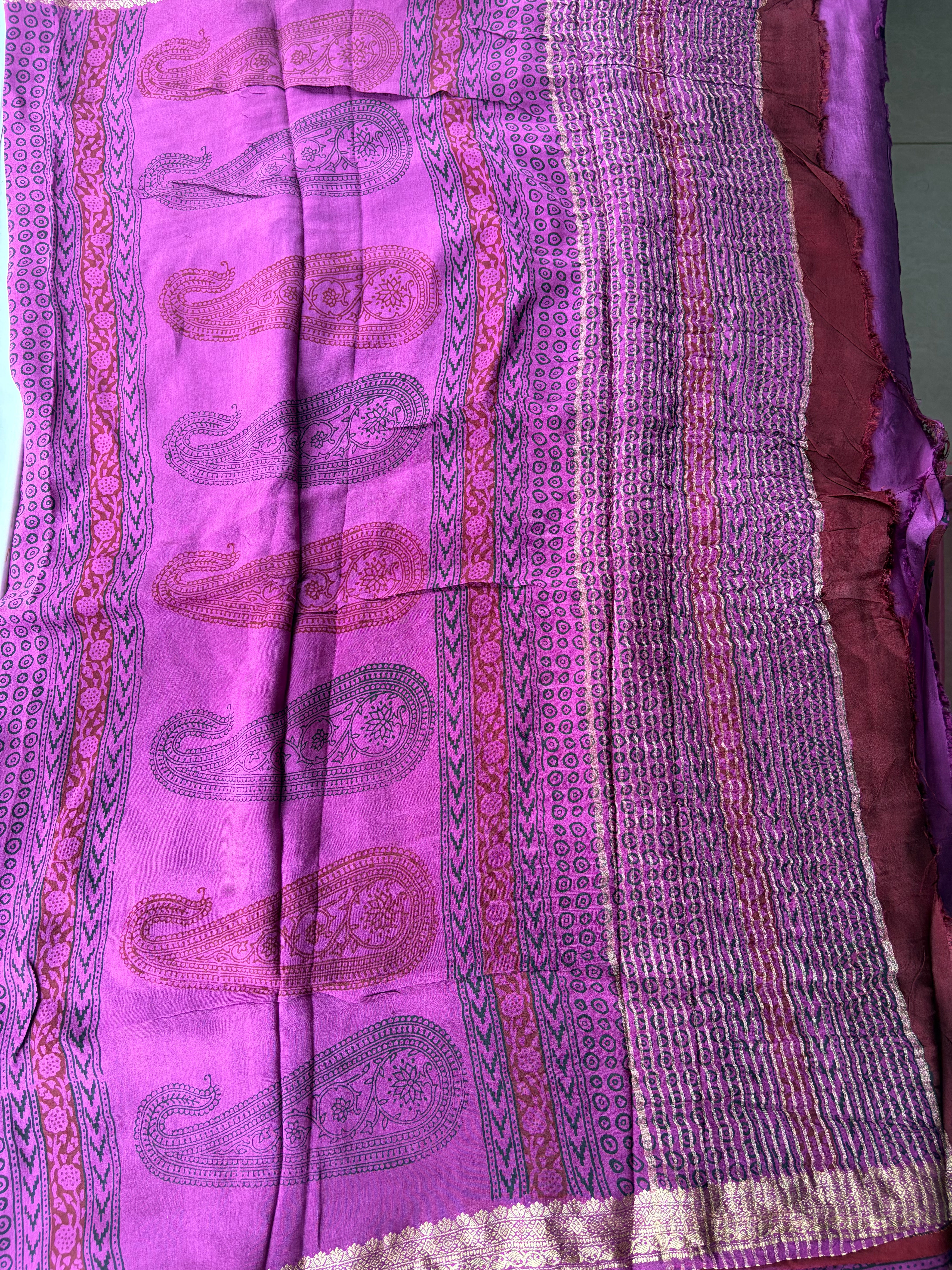 Brown & Violet Handblock printed Bagh Saree in Dola Silk