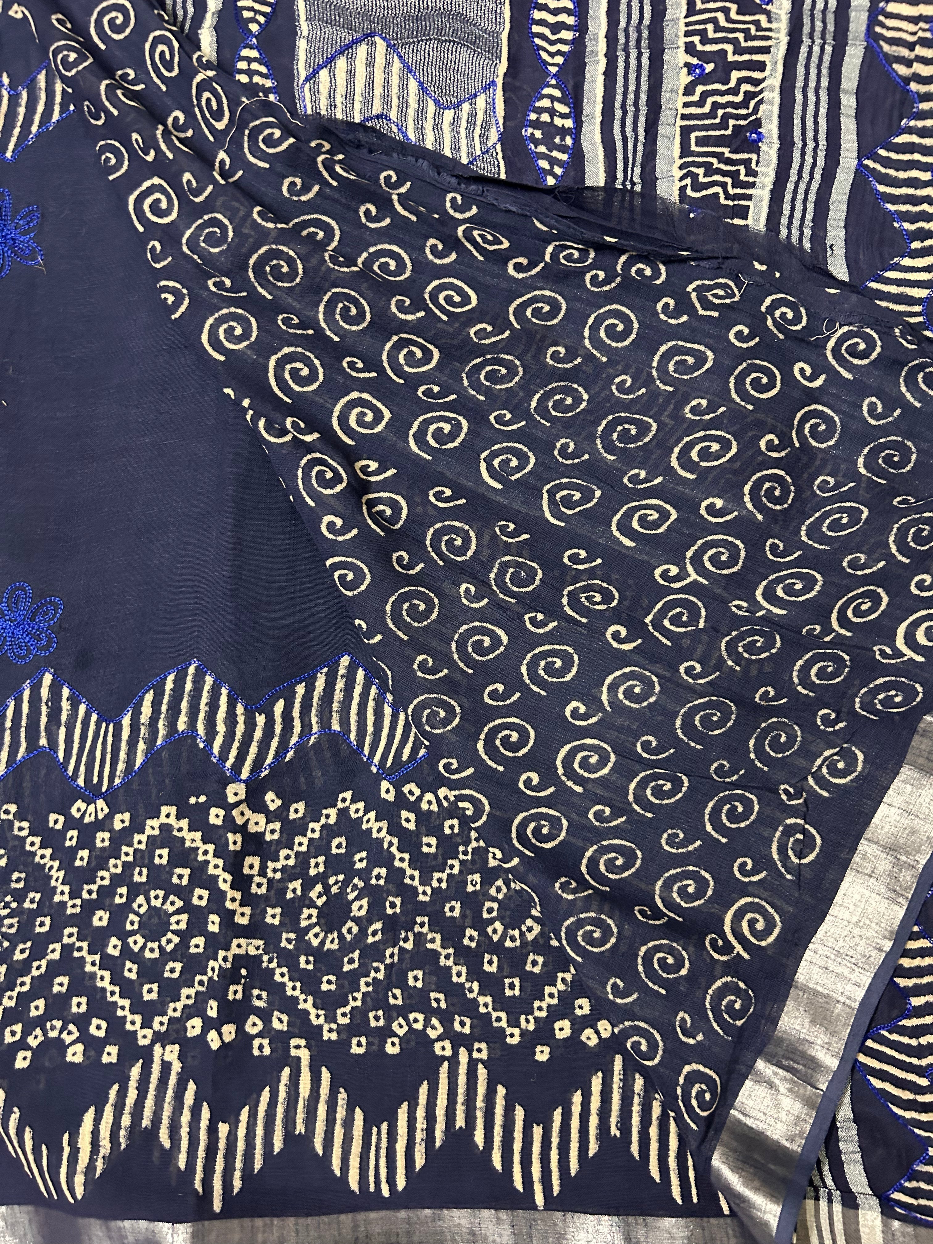 Navy Blue Linen cotton Embroidery Saree