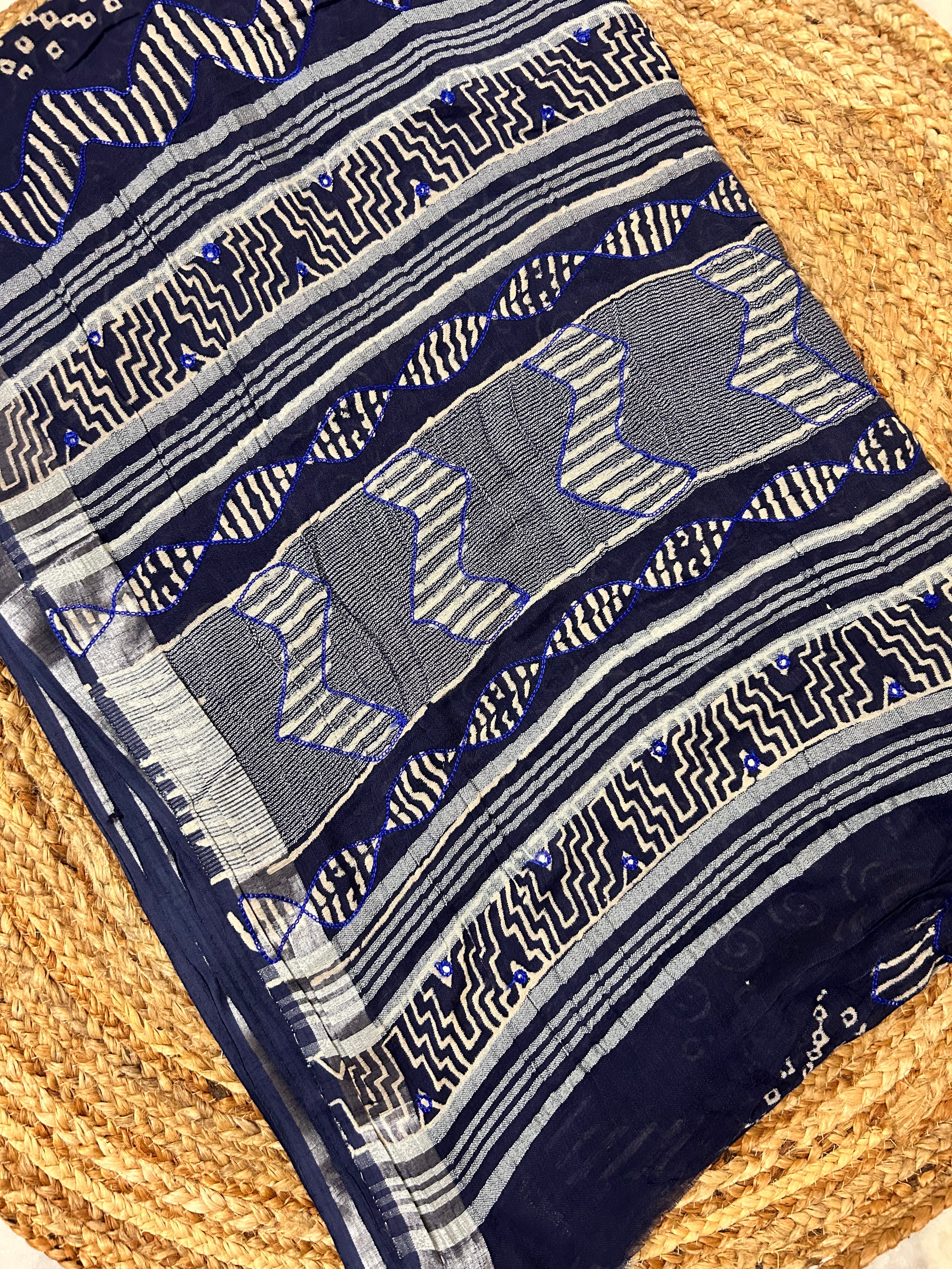 Navy Blue Linen cotton Embroidery Saree
