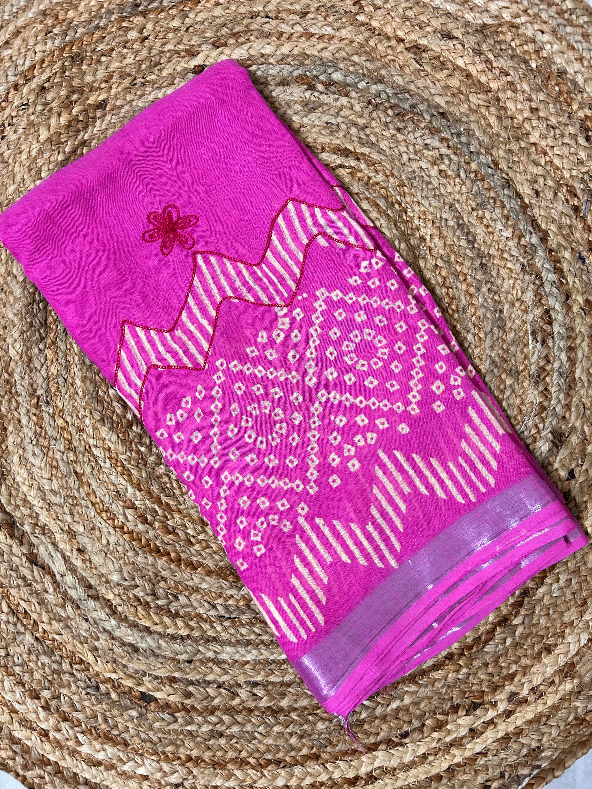 Pink Linen cotton Embroidery Saree