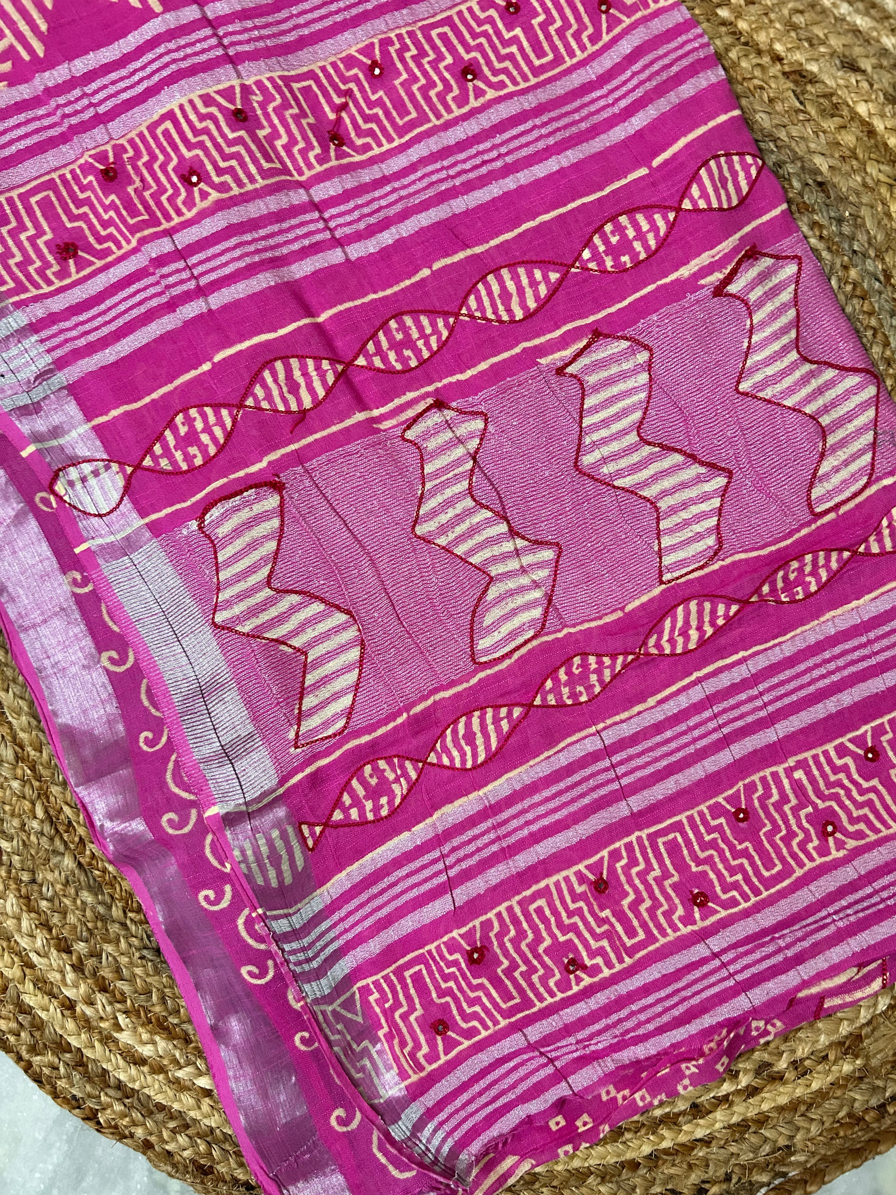 Pink Linen cotton Embroidery Saree