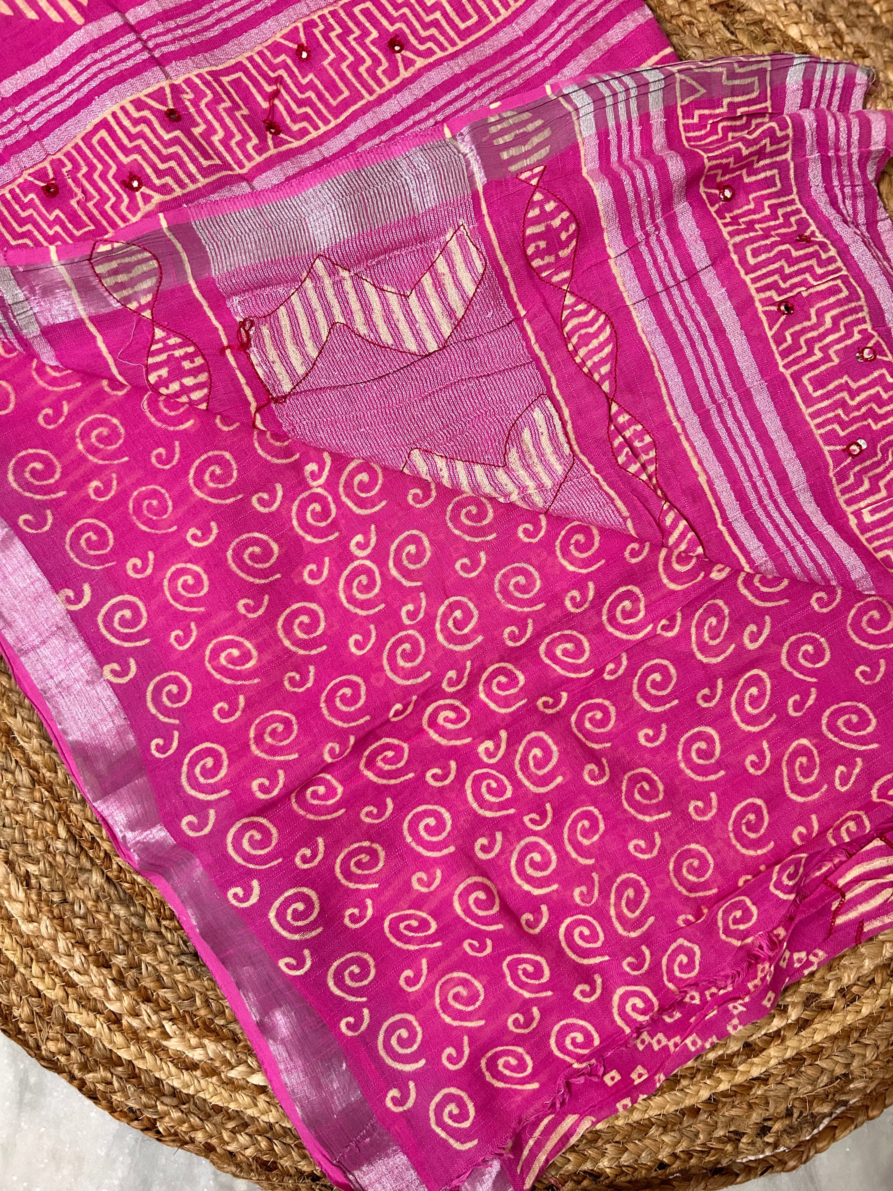 Pink Linen cotton Embroidery Saree