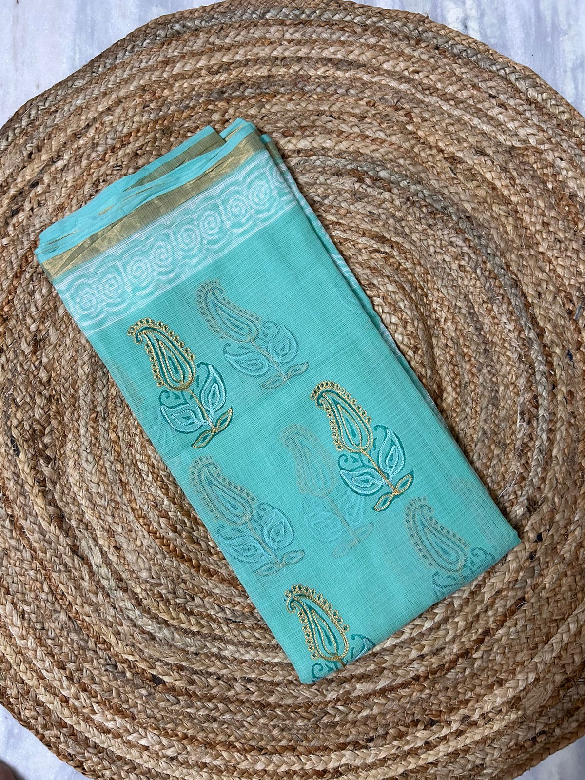 Pastel Green Kota Doria Embroidery Saree