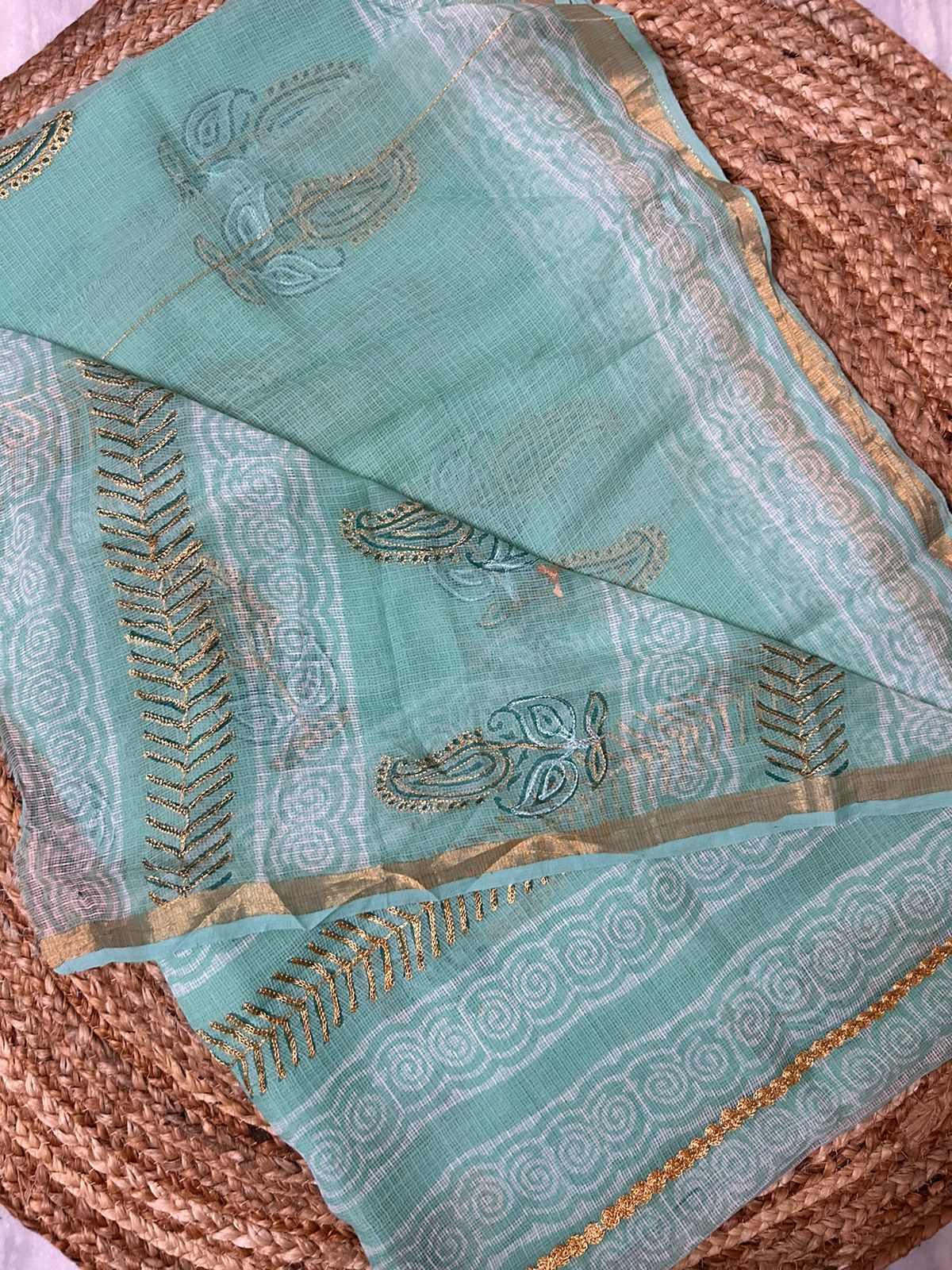 Pastel Green Kota Doria Embroidery Saree