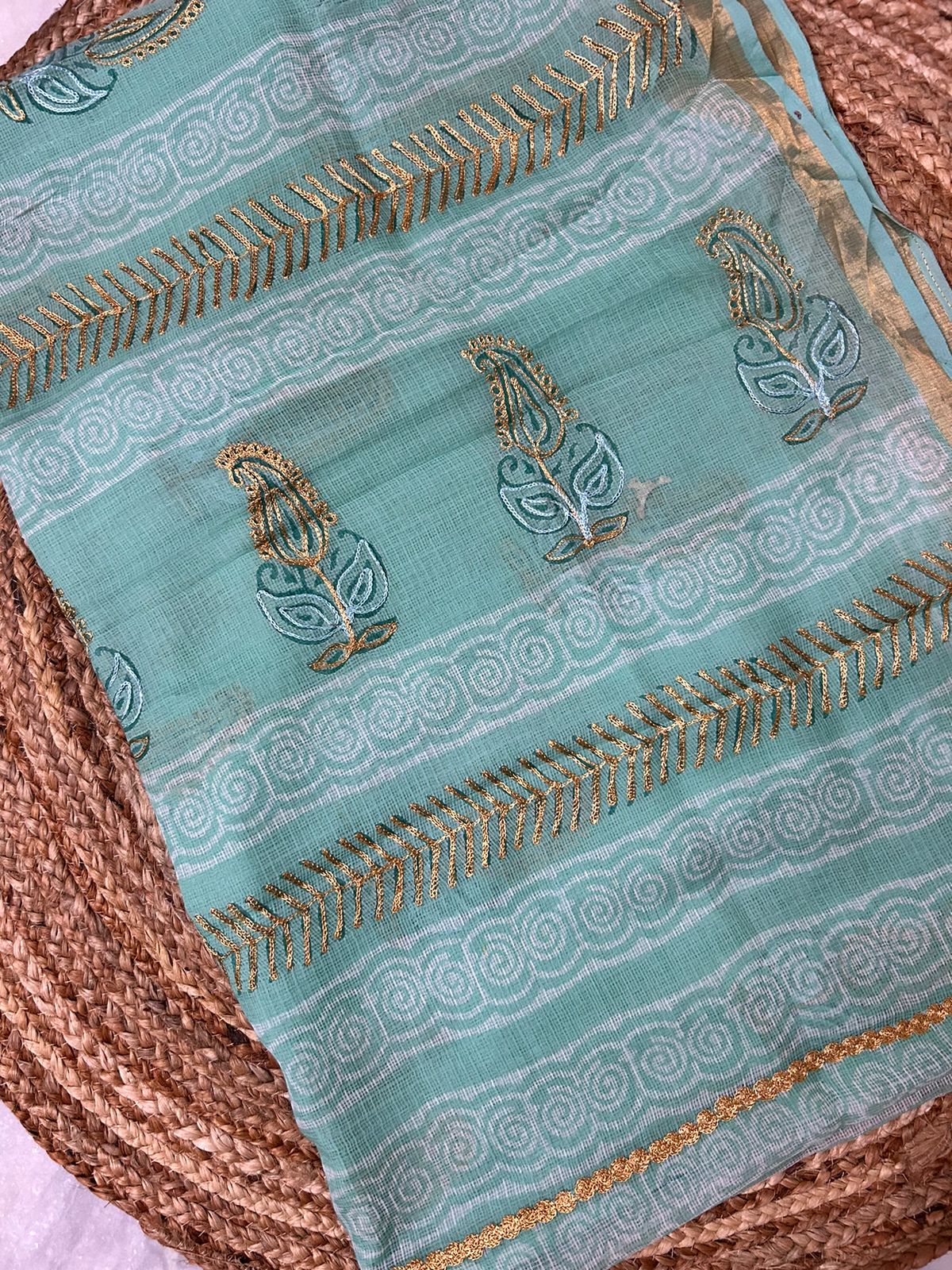 Pastel Green Kota Doria Embroidery Saree