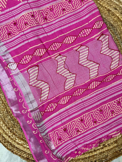 Pink Linen Embroidery Saree