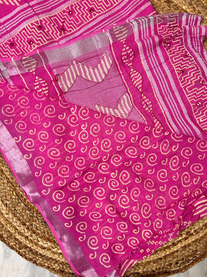 Pink Linen Embroidery Saree