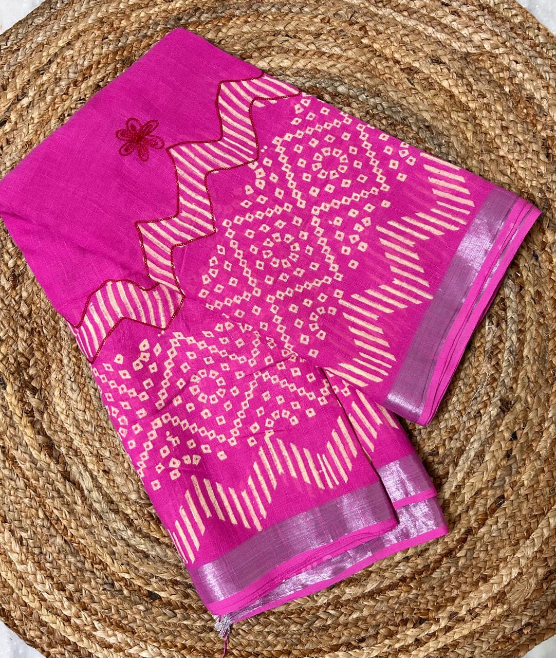 Pink Linen Embroidery Saree