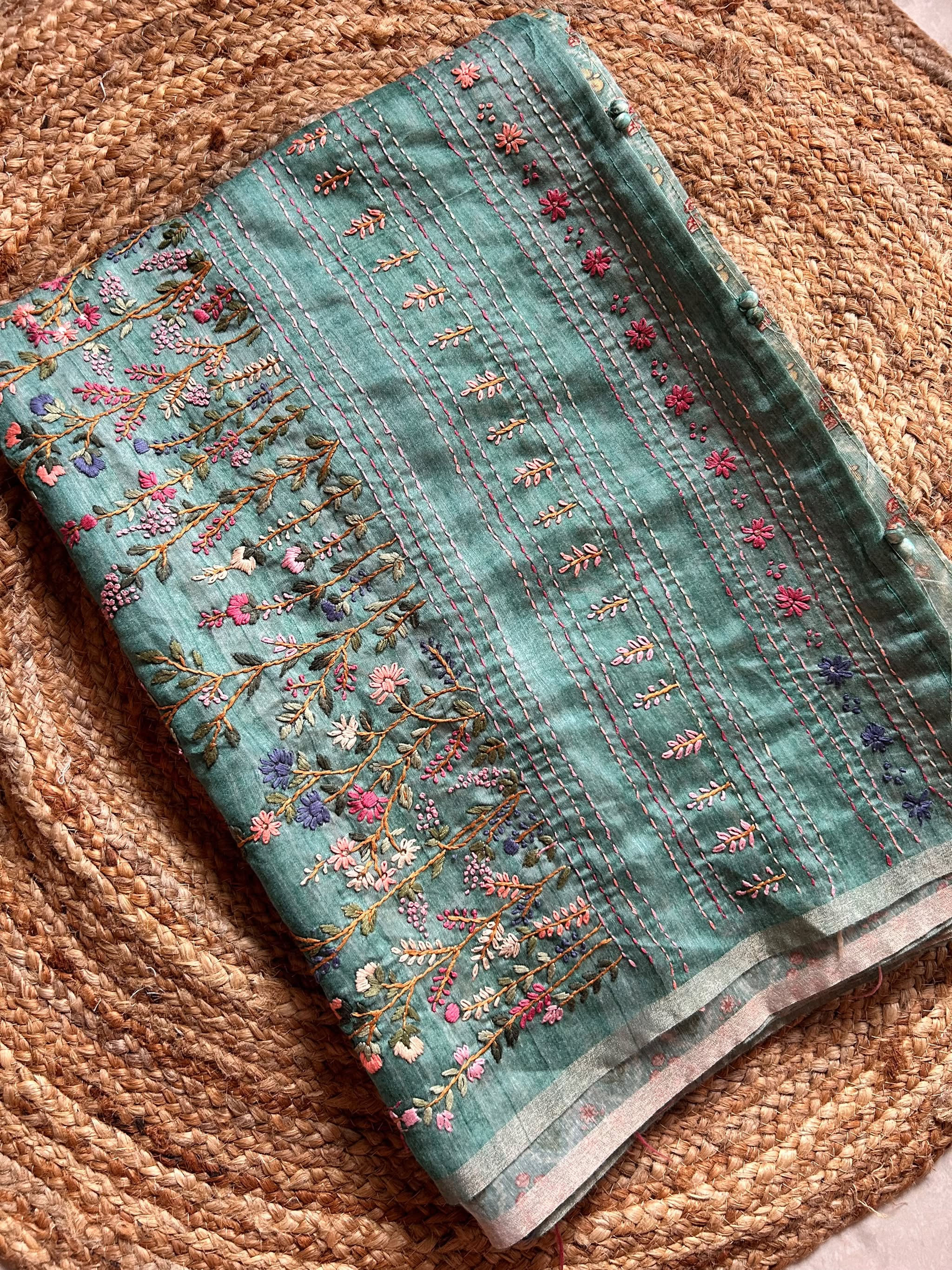 Dusty Green Blended Tussar Saree with Parsi Bullion Knot work