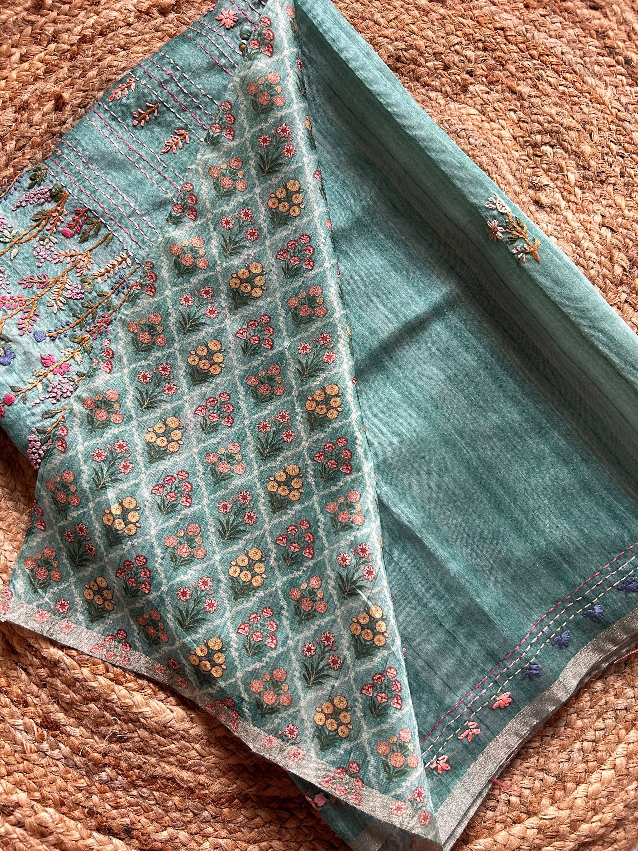 Dusty Green Blended Tussar Saree with Parsi Bullion Knot work