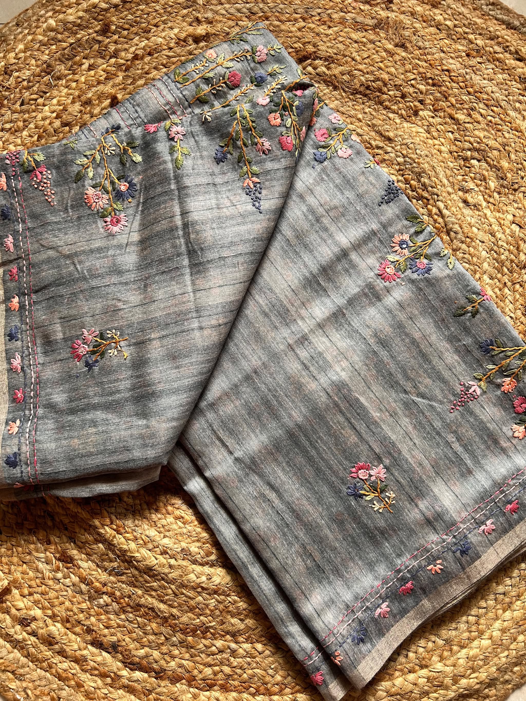 Dusty Gray Blended Tussar Saree with Parsi Bullion Knot work