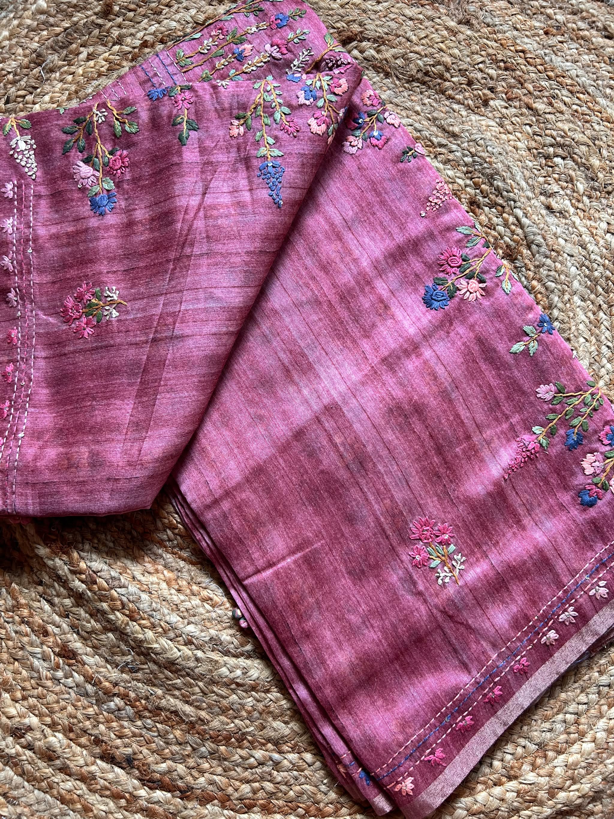 Dusty Pink Blended Tussar Saree with Parsi Bullion Knot work
