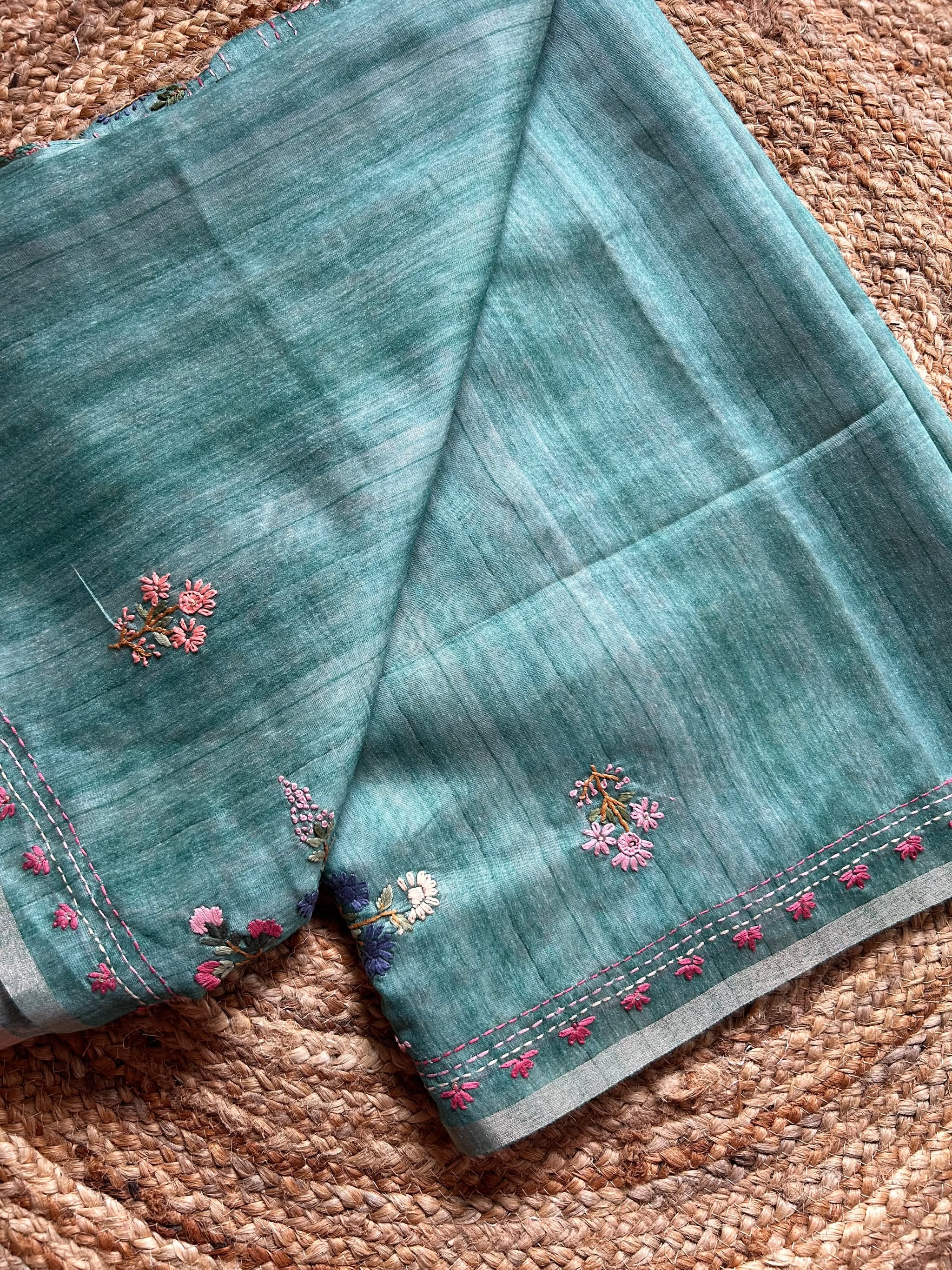 Dusty Green Blended Tussar Saree with Parsi Bullion Knot work